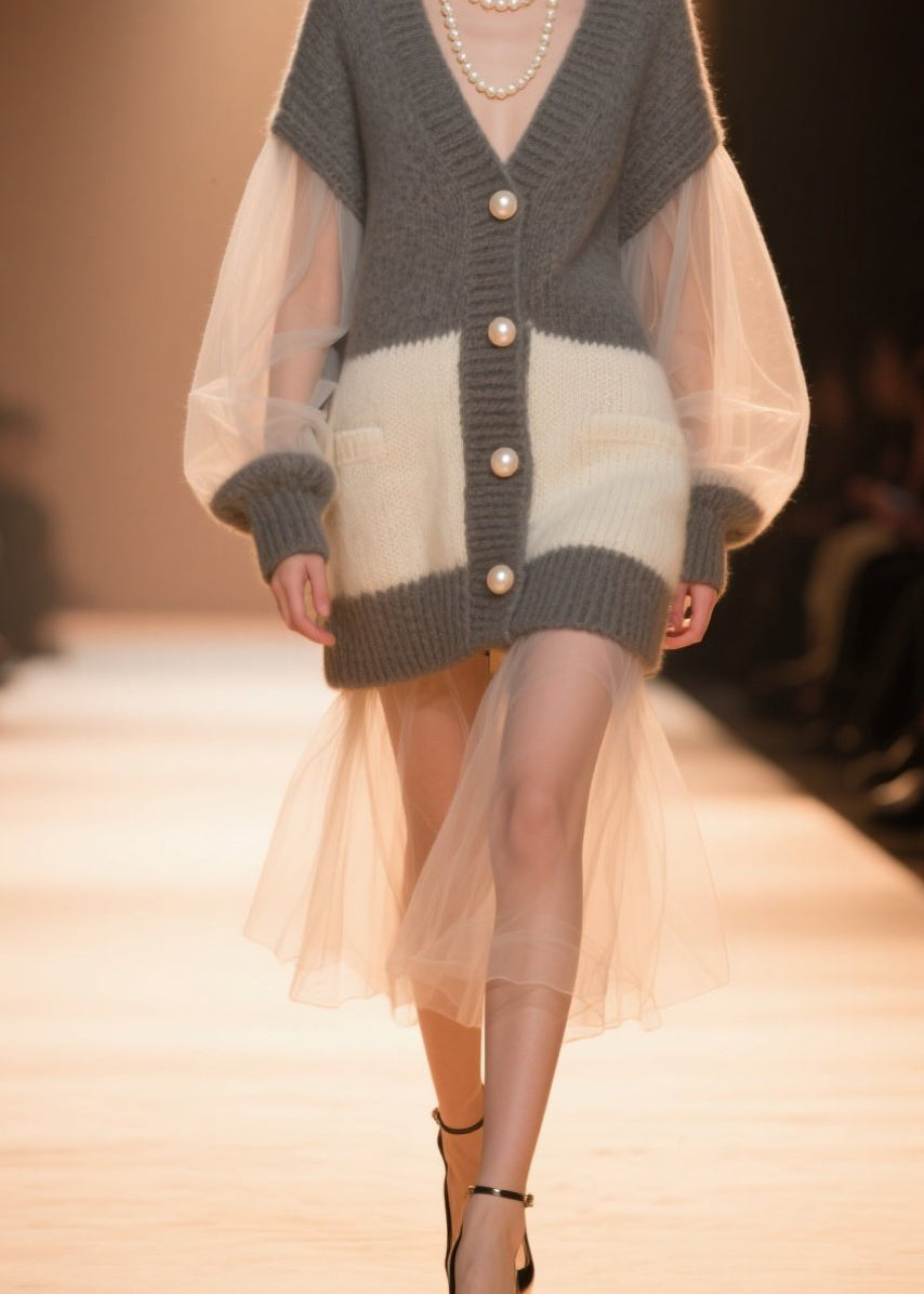Colorblock V Neck Tulle Patchwork Knit Cardigans Fall