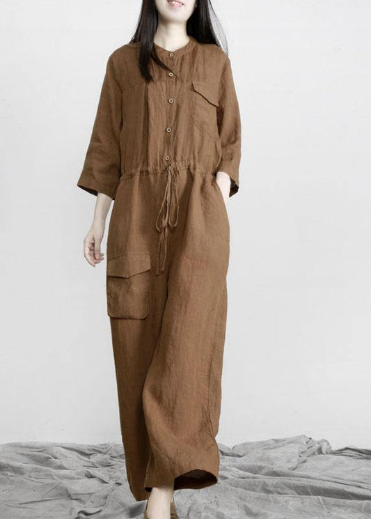 Chocolate Pockets Wide Leg Fall Linen Jumpsuit Pants