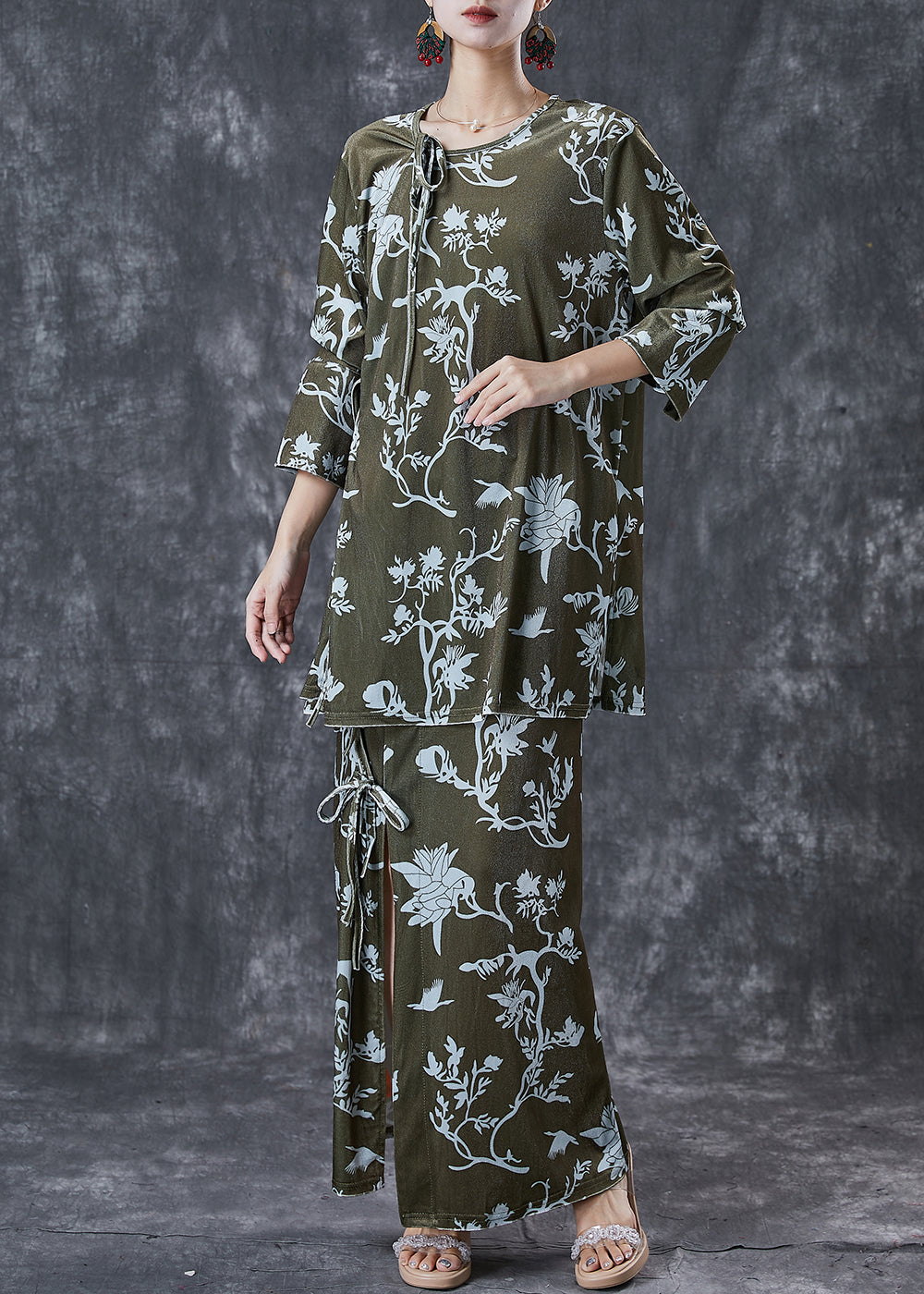 Green Print Lace Up Side Open Silk Velour Two Pieces Set Spring
