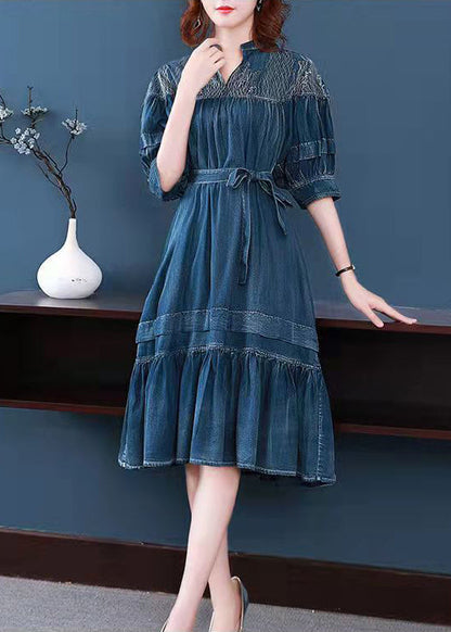 Blue V Neck Embroideried Wrinkled Sashes Holiday Dress Half Sleeve