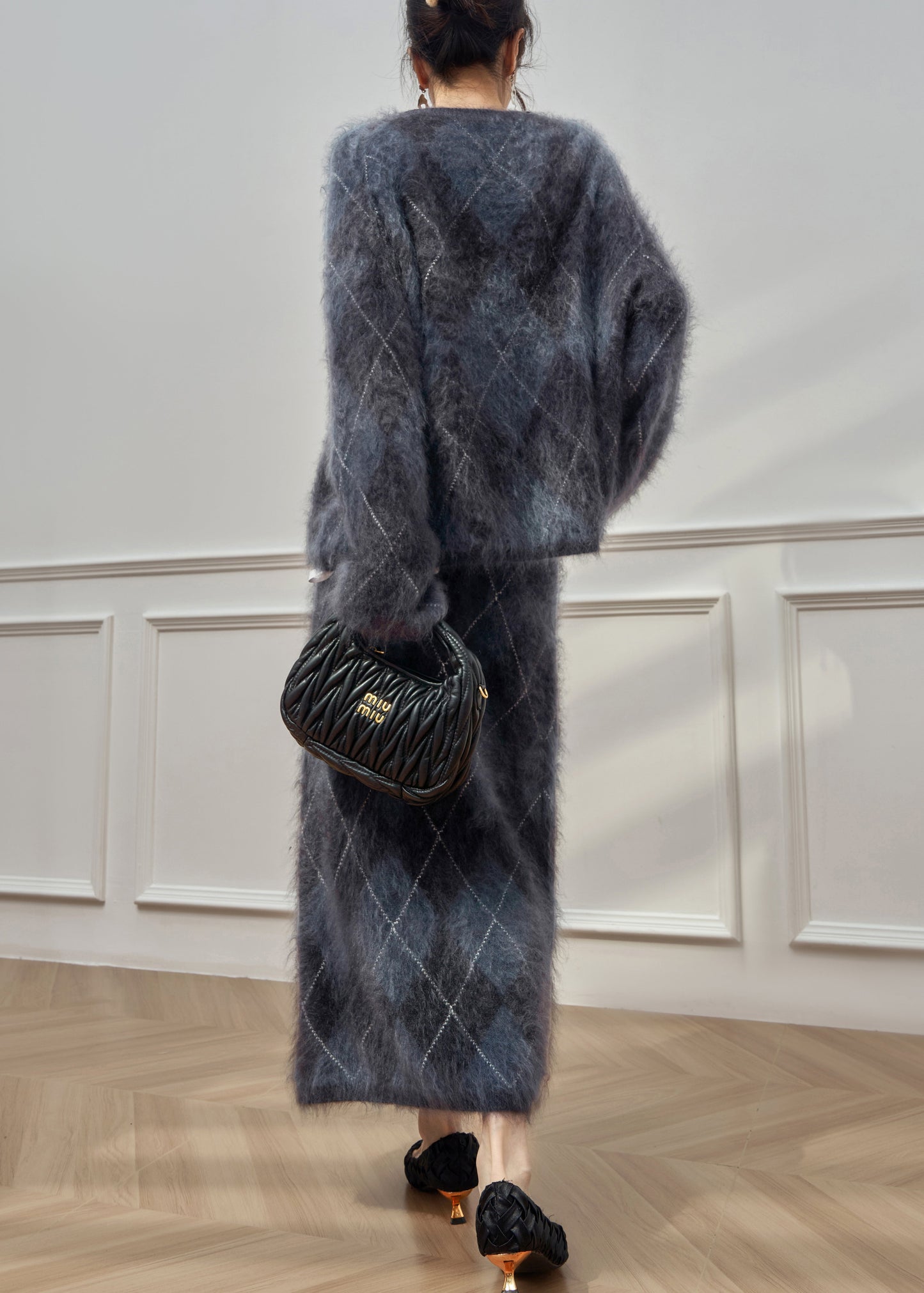 Plaid O Neck Cweaters and Skirts Ma Hai Mao Two Pieces Set Winter