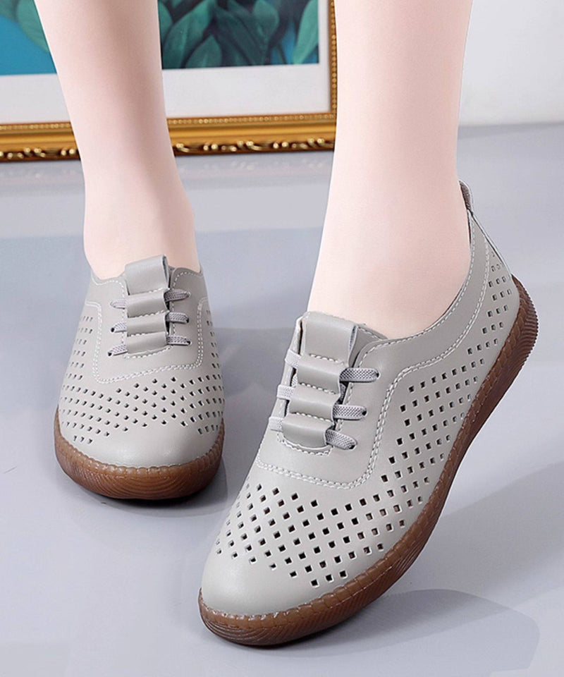 Classy Hollow Out Flat Feet Shoes Beige Cowhide Leather
