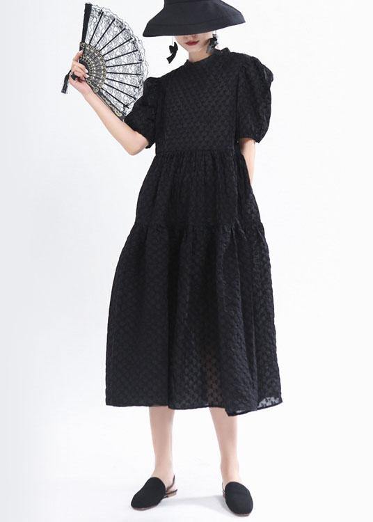 Simple Black Patchwork Puff Sleeve Summer Cotton Long Dresses