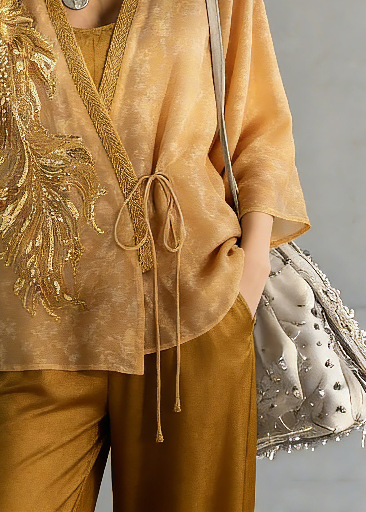 Fine Yellow Embroidered Tie Waist Silk Cardigans Three Quarter Sleeve Sleeve