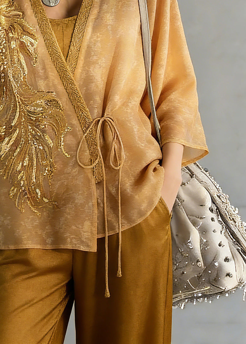 Fine Yellow Embroidered Tie Waist Silk Cardigans Three Quarter Sleeve Sleeve