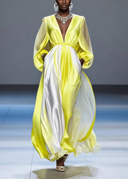 Gradient Yellow V Neck Draping Silk Long Dress Lantern Sleeve