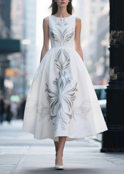 White Print Exra Large Hem Silk Cotton Dress Summer