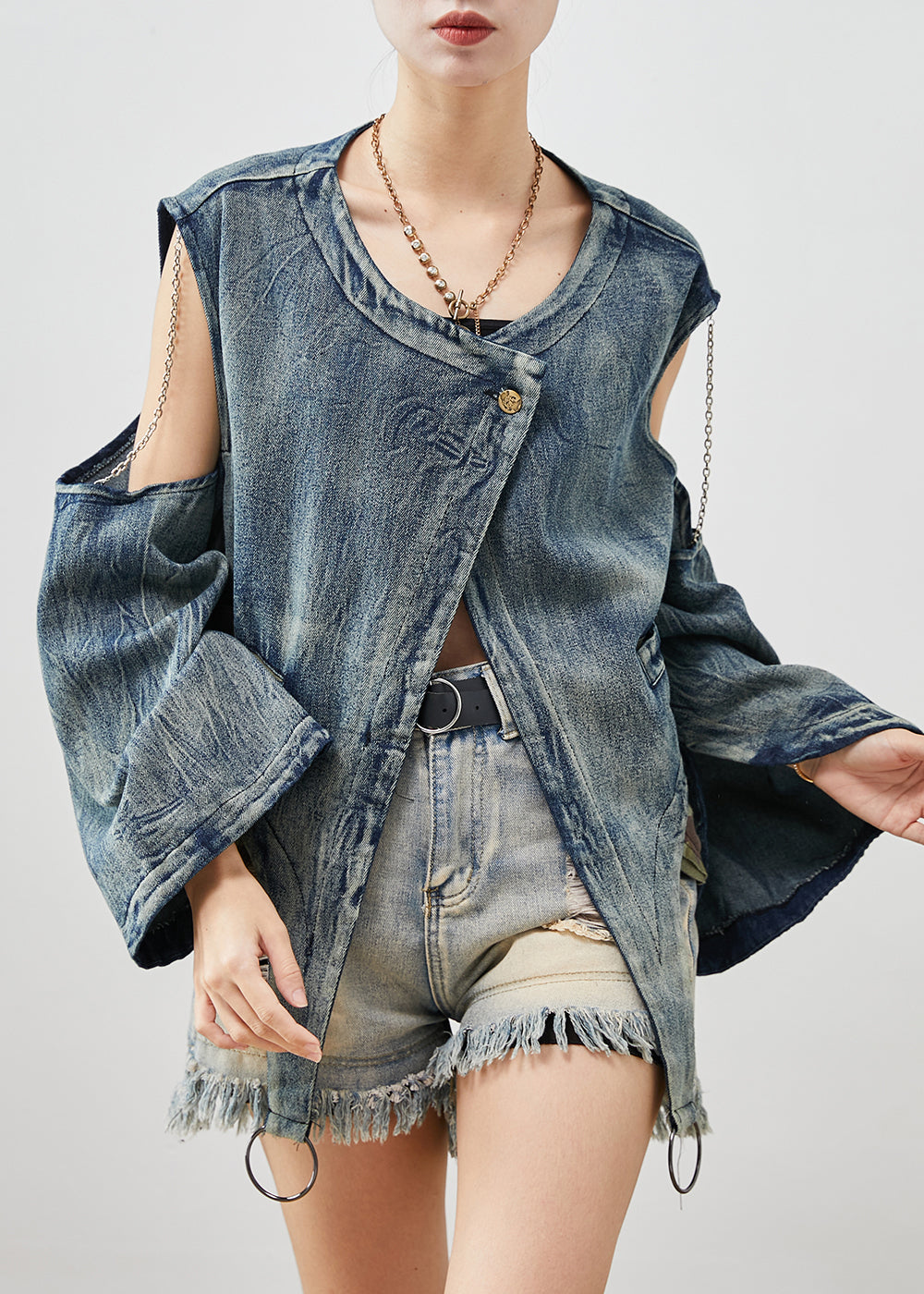 Navy Asymmetrical Cold Shoulder Denim Jacket Spring