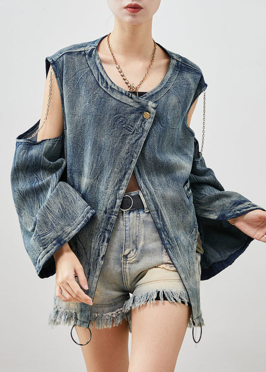 Navy Asymmetrical Cold Shoulder Denim Jacket Spring
