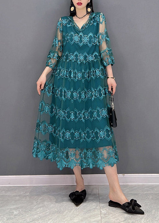 Blue V Neck Tulle Patchwork Hooded Dress Three Quarter Sleeve