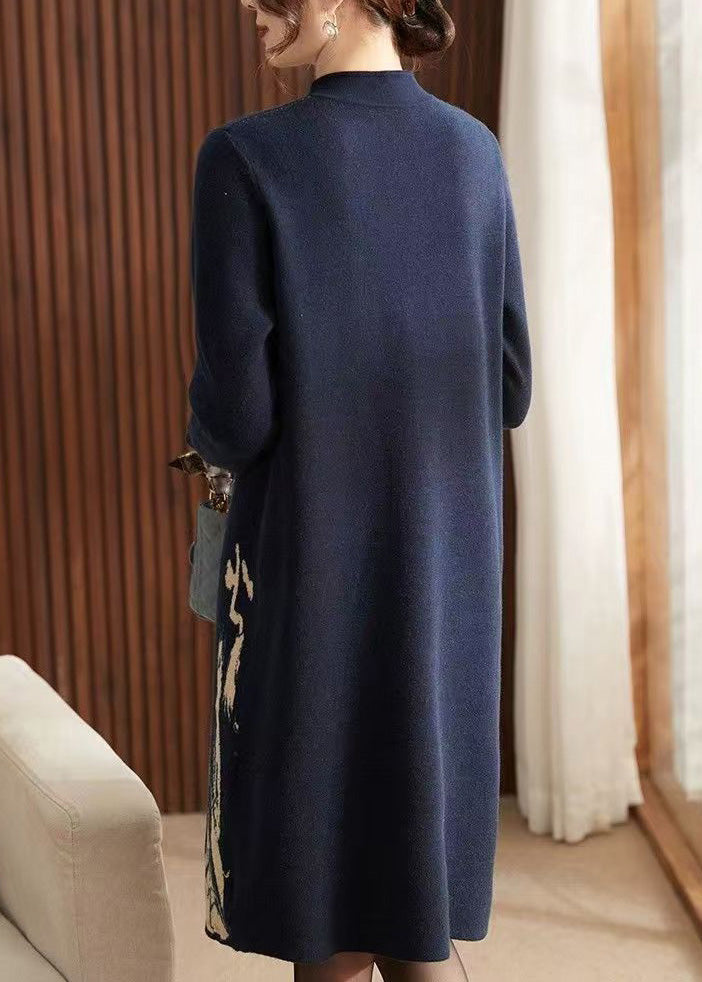 Navy Print Patchwork Cotton Knit Long Sweater Dress Long Sleeve