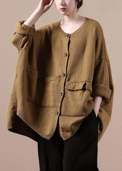 Yellow Asymmetrical Design Pockets Knit Coat
