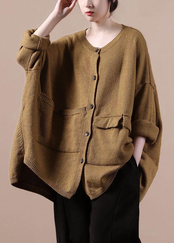 Yellow Asymmetrical Design Pockets Knit Coat