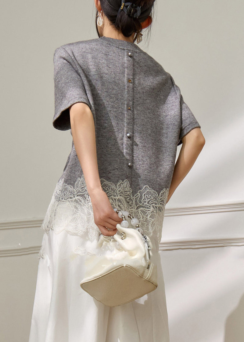 Grey Lace Patchwork Top Short Sleeve