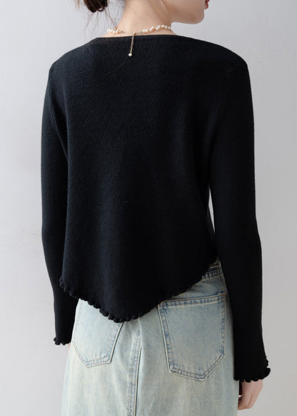 French Black O Neck Ruffled Knitted Tops Spring
