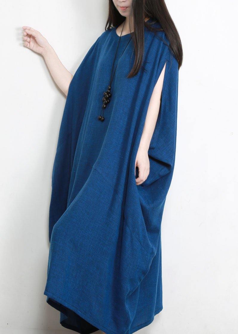 Stylish Blue Batwing Sleeve O Neck Linen Dresses