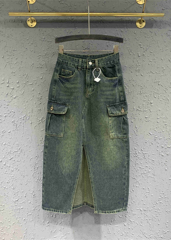 Style Blue Front Open Pockets Patchwork Denim Skirts Spring