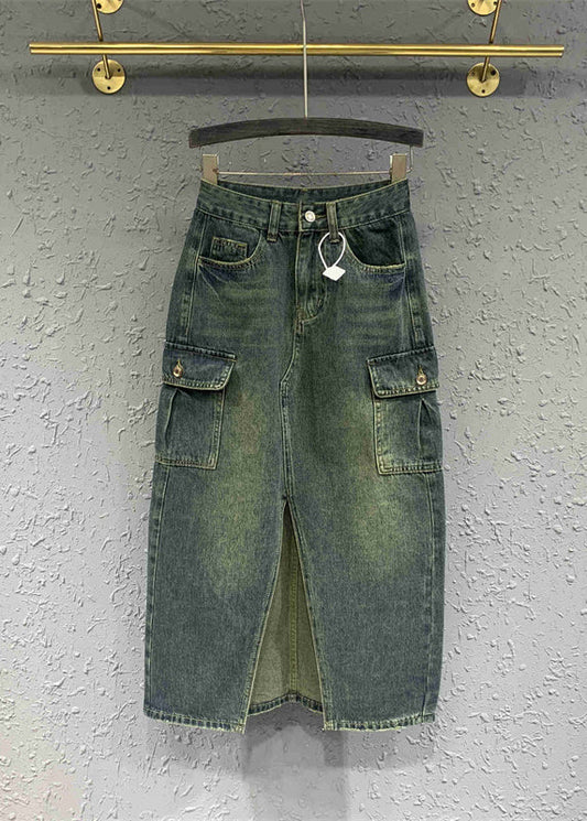 Style Blue Front Open Pockets Patchwork Denim Skirts Spring