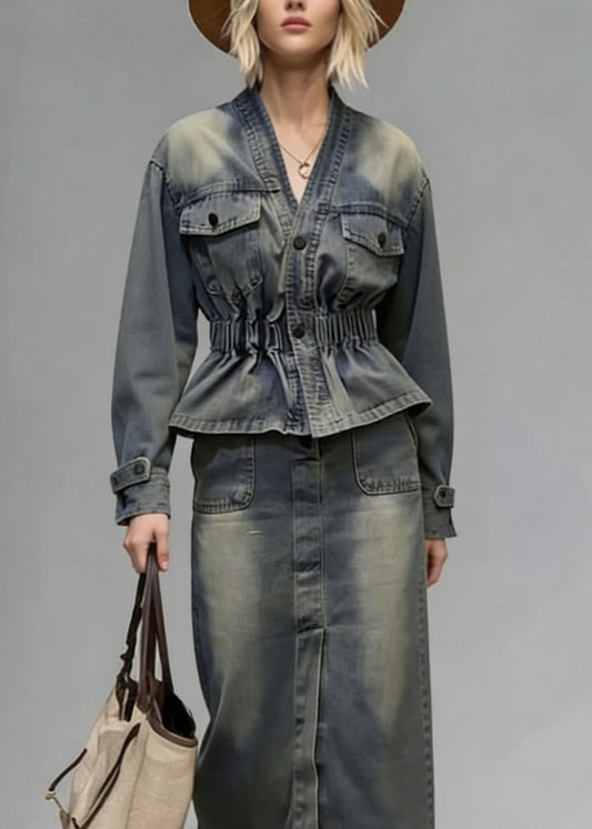 Boutique V Neck Wrinkled Denim Two Piece Set Clothing Spring