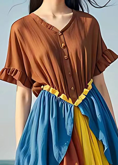 Brown Ruffled Button Patchwork Cotton Dresses Summer