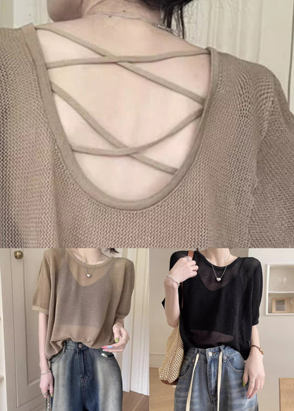 Black Hollow Out Summer Knit T Shirts O Neck