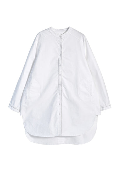 White O-neck Low High Design Button Cotton Shirt Long Sleeve