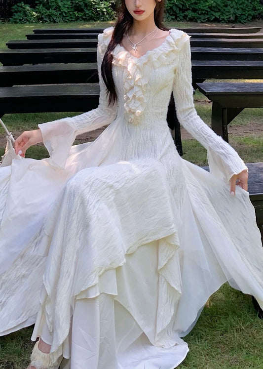 Beige Asymmetrical Ruffled Tulle Patchwork Cotton Dresses Flare Sleeve