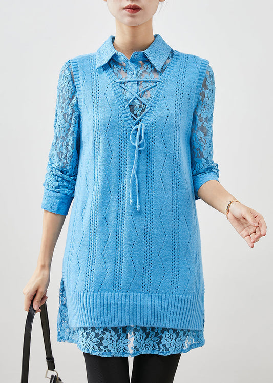 Art Sky Blue Lace Up Knit Vest Dress Two Piece Set Clothing Spring