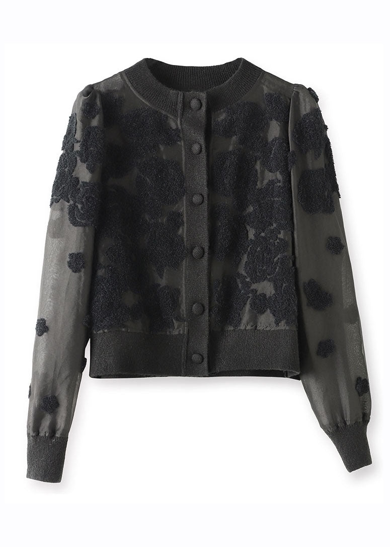French Black O-neck Button Silk Wool Patchwork Knit Coat Long Sleeve