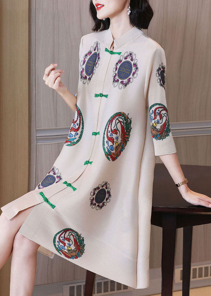 Apricot Print Chiffon a Line Dresses Oriental Button Half Sleeve