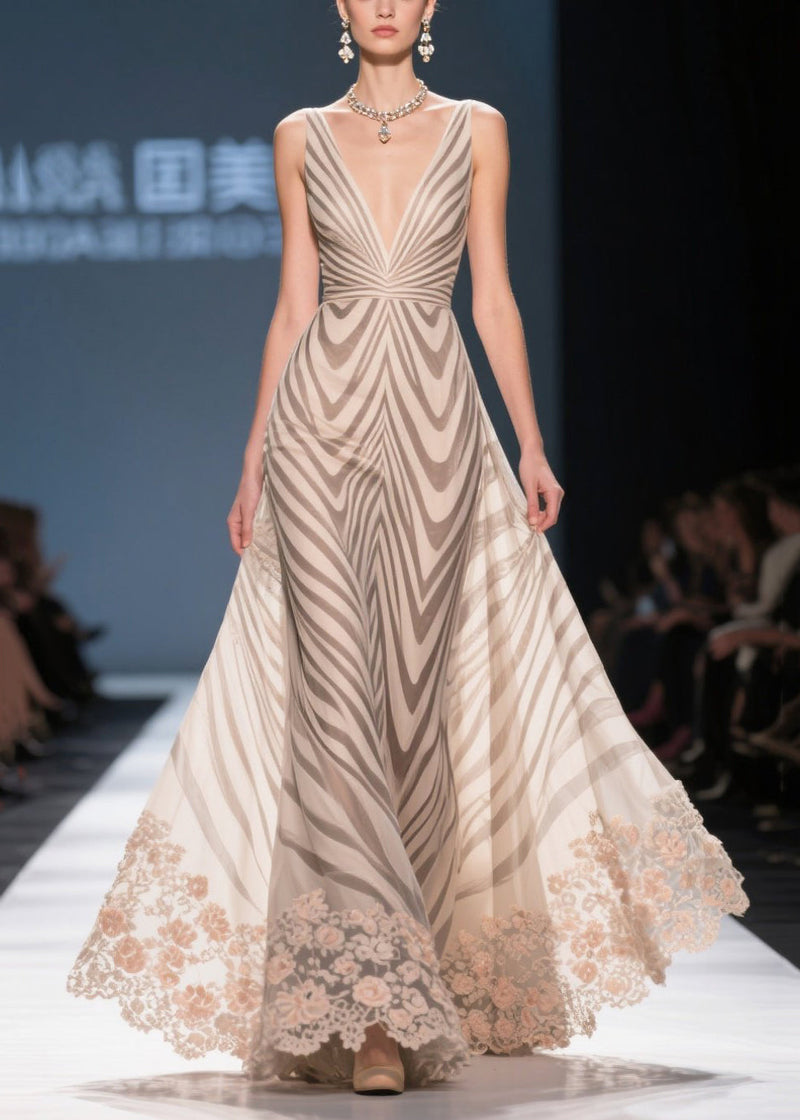 Khaki Striped Patchwork Lace Chiffon Holiday Dress Summer