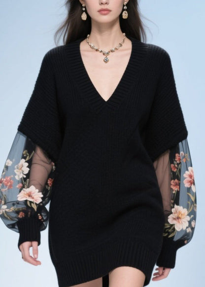 Black V Neck Tulle Patchwork Knit Sweater Fall