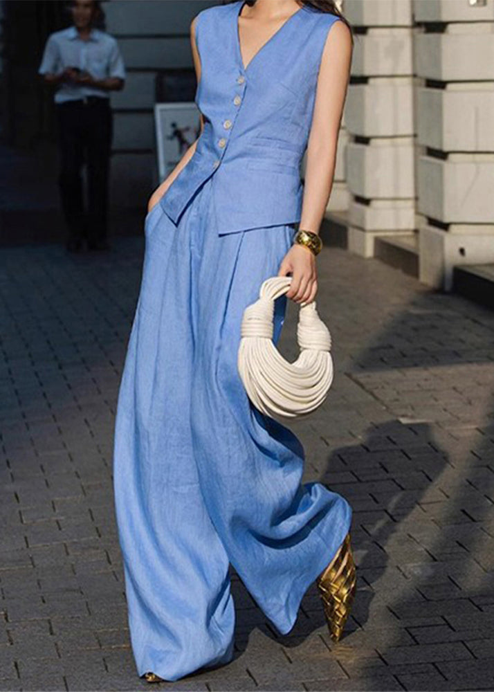 Blue V Neck Button Waistcoat and Straight Pants Two Pieces Set Sleeveless