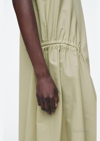 Light Green Wrinkled Drawstring Cotton Vacation Dresses Sleeveless