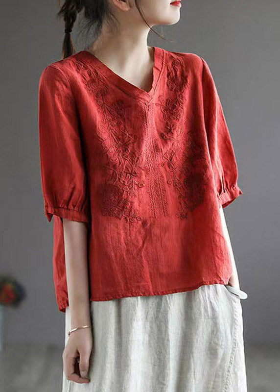 Red V Neck Embroideried Top Half Sleeve