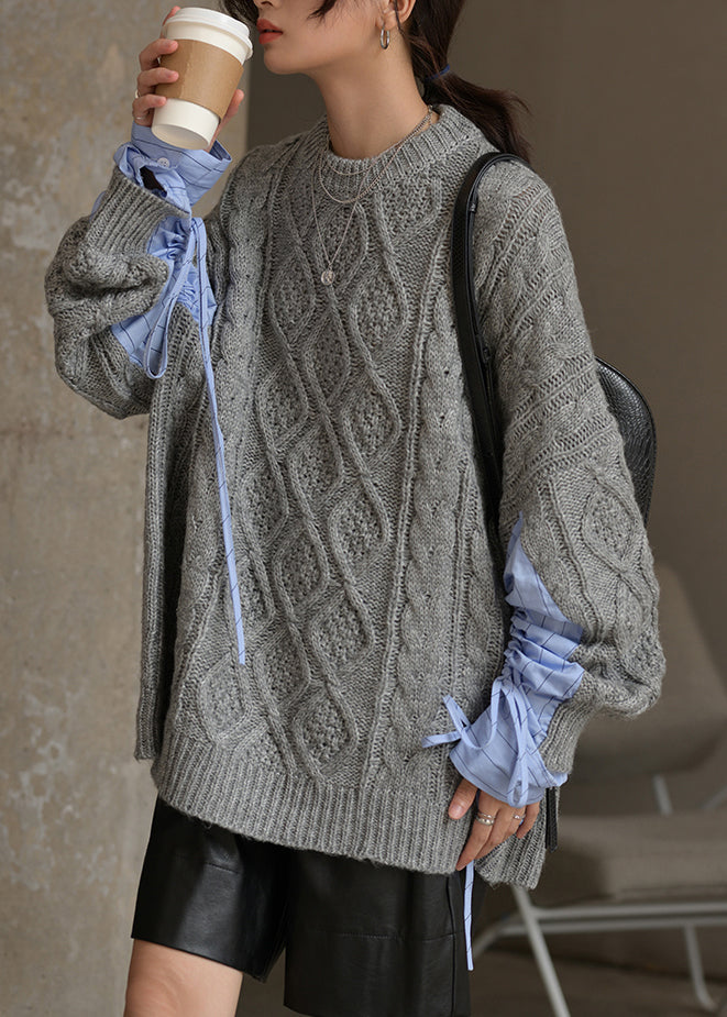Black O Neck Drawstring Patchwork Cotton Knit Sweaters Fall