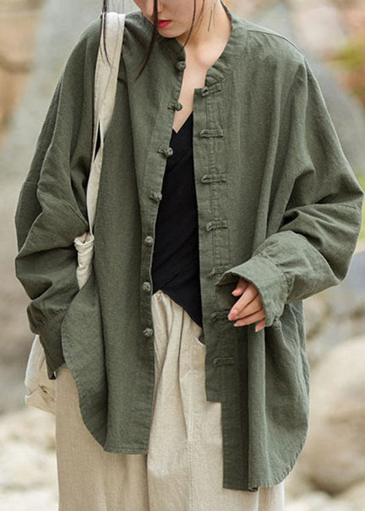 Green Stand Collar Chinese Button Patchwork Cotton Coat Fall