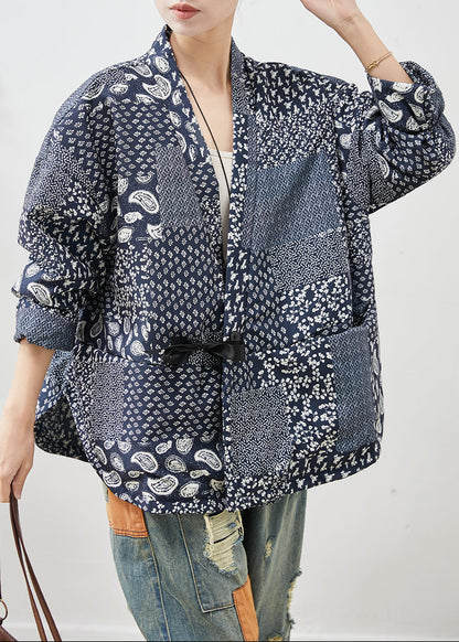 Navy Oversized Print Linen Coat Spring