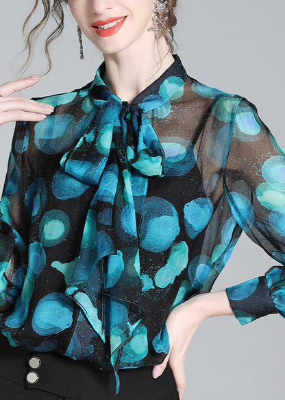 Blue Stand Collar Print Bow Silk Shirt Long Sleeve