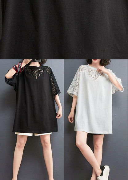 Black O-neck Hollow Out Half Sleeve Cotton Summer Top