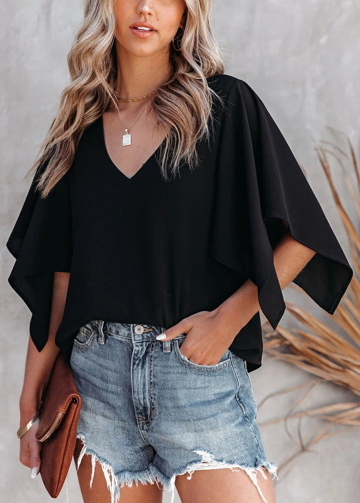 Simple Rose V Neck Cotton T Shirt Summer