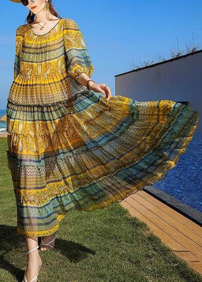 Yellow Print Ruffled Tie Waist Chiffon Dress Half Sleeve