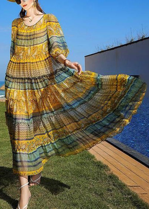 Yellow Print Ruffled Tie Waist Chiffon Dress Half Sleeve