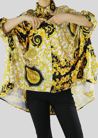 Diy Yellow Low High Design Peter Pan Collar Print Shirt Batwing Sleeve
