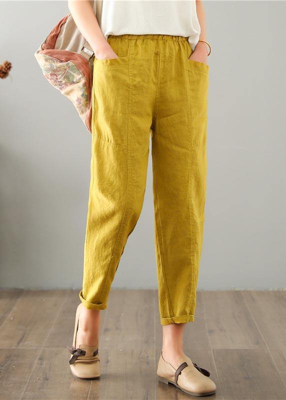 Natural Yellow Pockets Cotton Linen Pants Summer