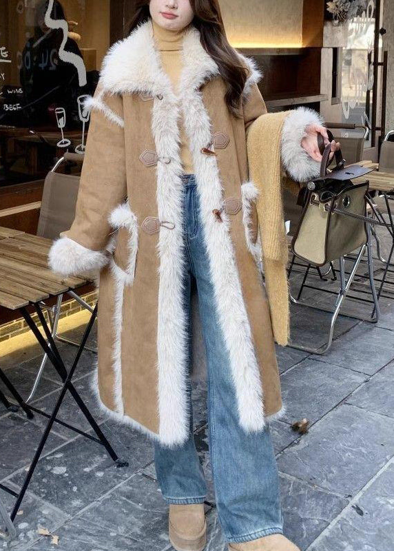 Stylish Khaki Pockets Patchwork Leather and Fur Warm Fleece Coat Winter