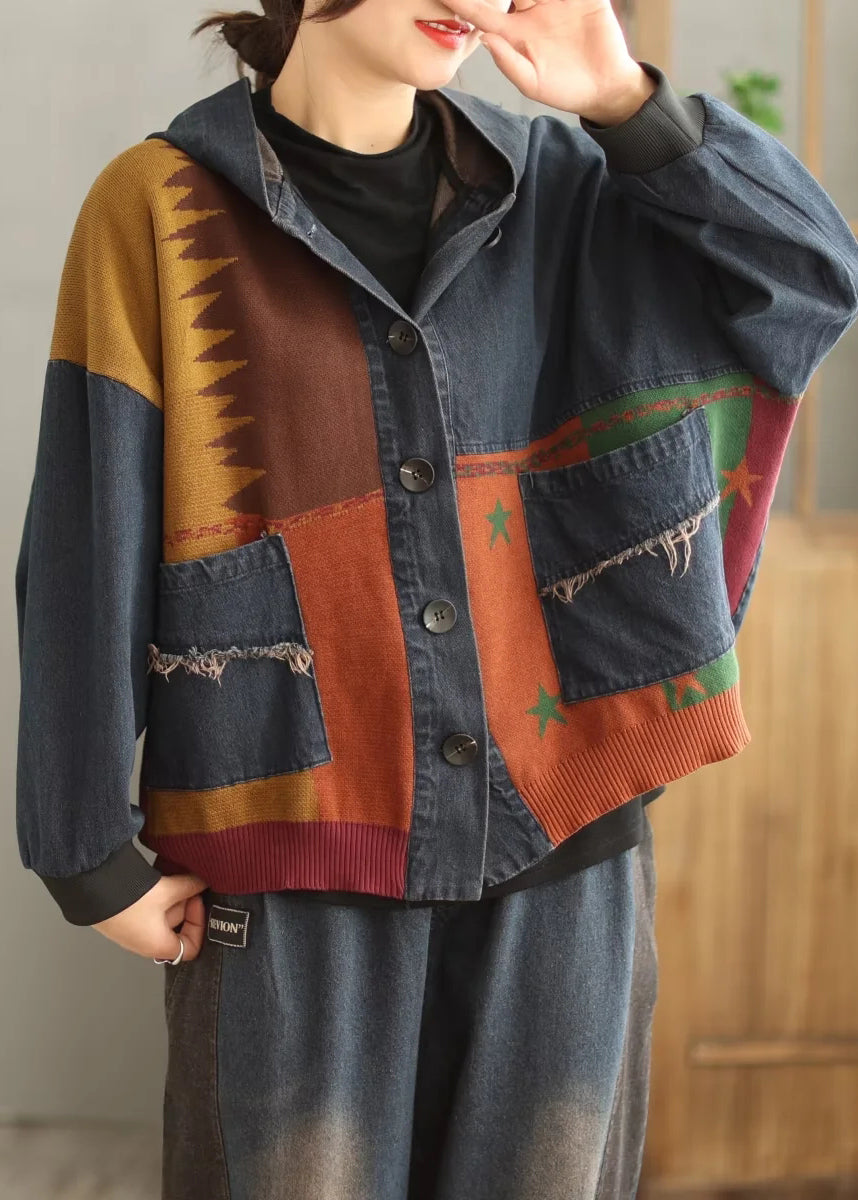 Blue Hooded Pockets Patchwork Denim Coat Spring