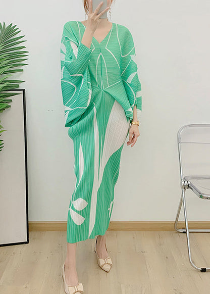 Light Green V Neck Print Wrinkled Vacation Dresses Long Sleeve