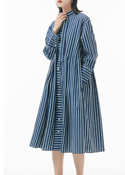 Boutique Blackish Green Stand Collar Wrinkled Striped Shirt Dress Spring