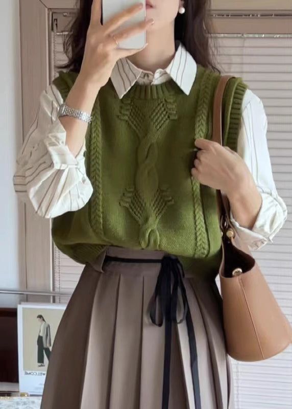 Green O Neck Patchwork Cozy Cotton Knit Waistcoat Sleeveless